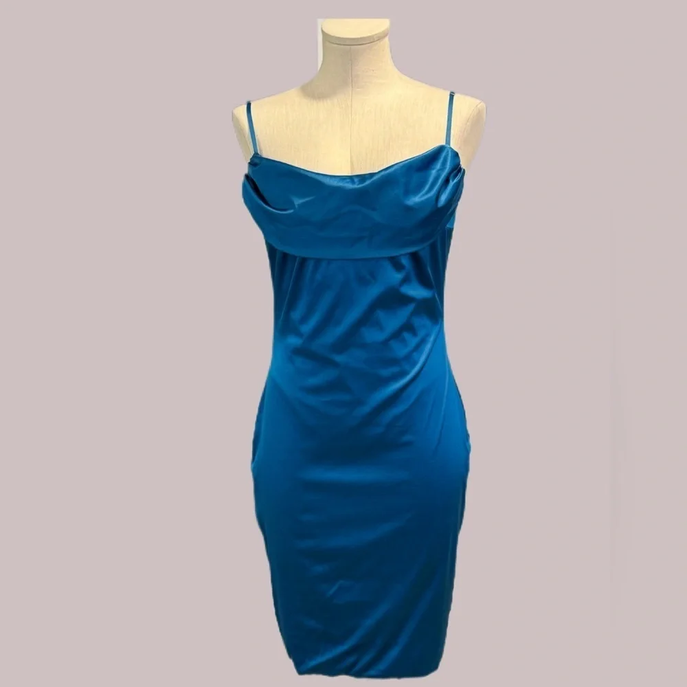 OH POLLY size 10 mini spaghetti strap cerulean blue mini satin dress - Picture 1 of 16